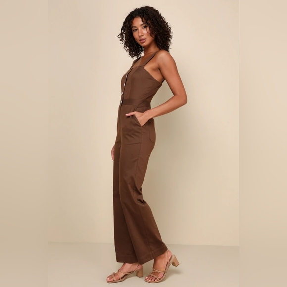 Lulus Practical Charm Brown Twill Button-Front Straight Leg Jumpsuit S Travel - Picture 4 of 10